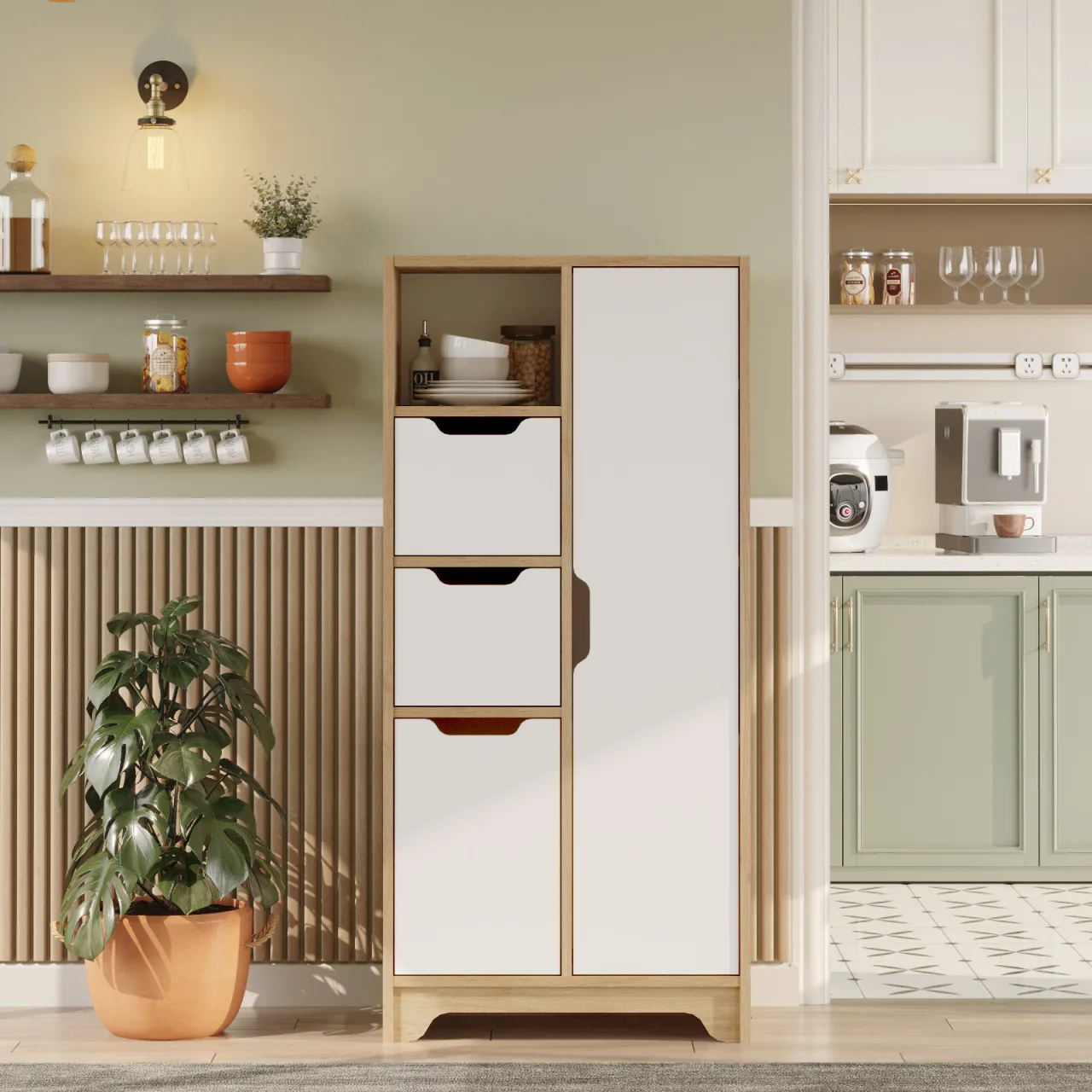Yurupa Libra Armoire polyvalente 8 étagères 2 portes 2 tiroirs, Meuble de cuisine Sepet-Blanc LIB1-SW