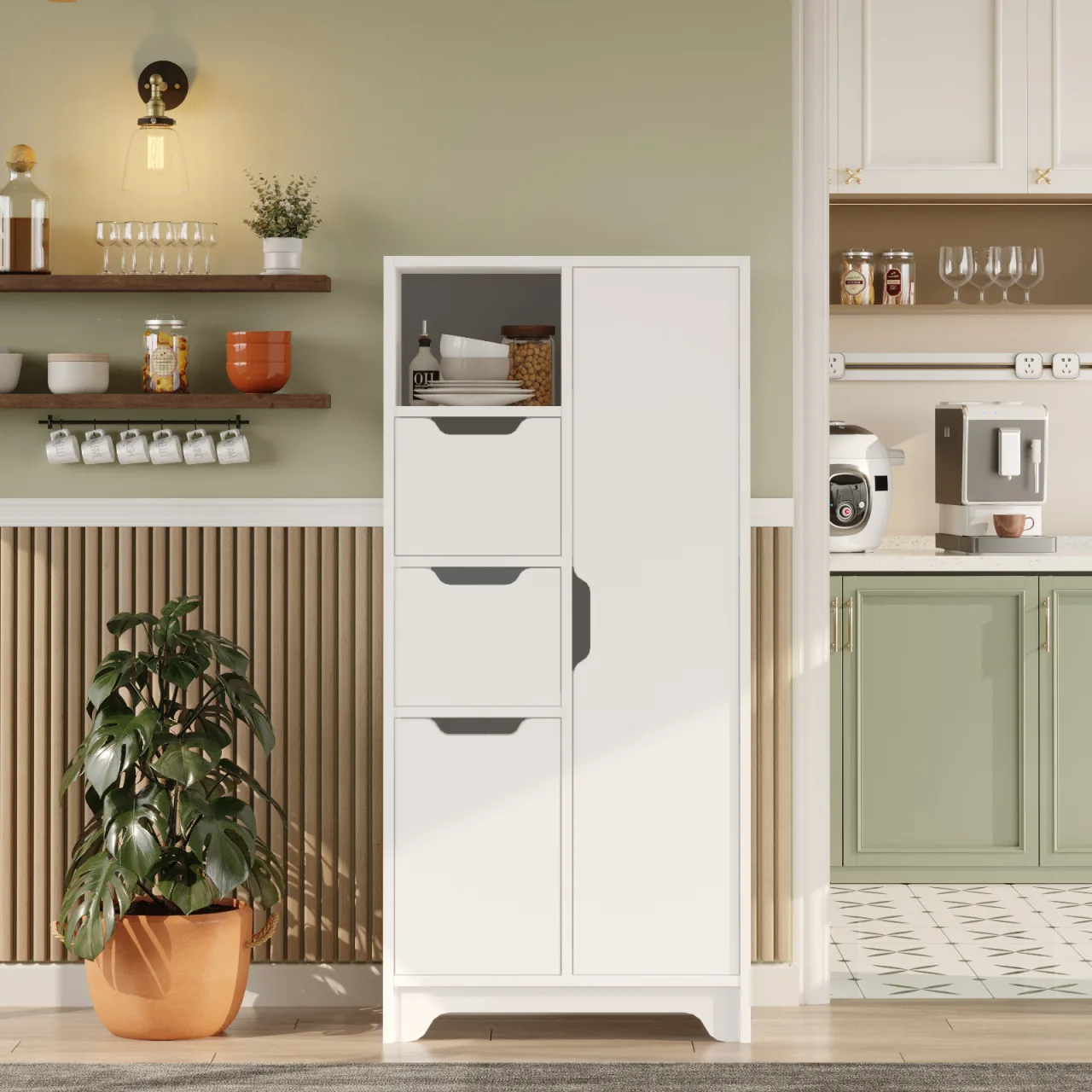 Yurupa Libra Armoire polyvalente 8 étagères 2 portes 2 tiroirs, Meuble de cuisine Blanc LIB1-W