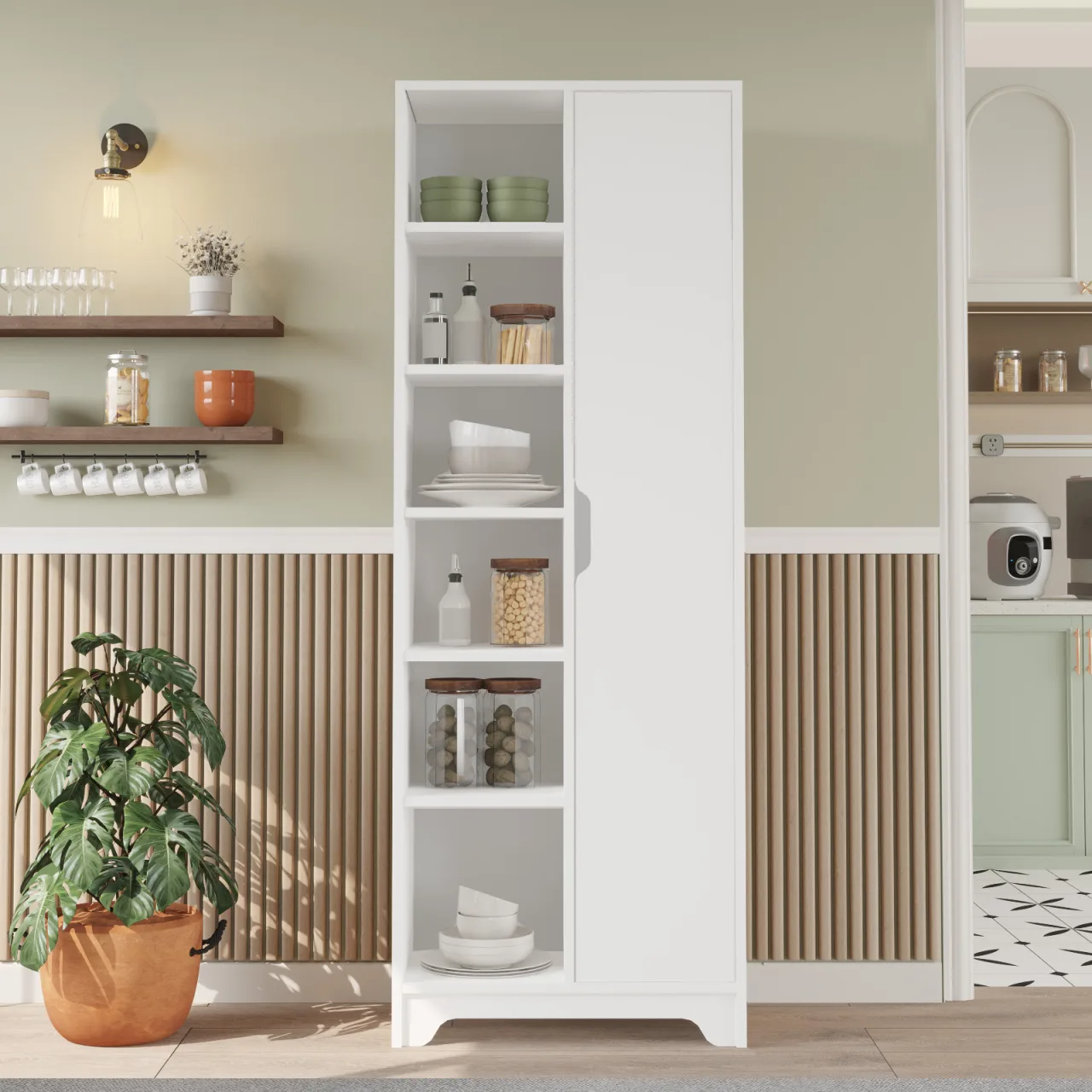 Yurupa Libra Armoire polyvalente 2 compartiments avec étagères 1 porte, Meuble de cuisine moderne Blanc LIB2-W