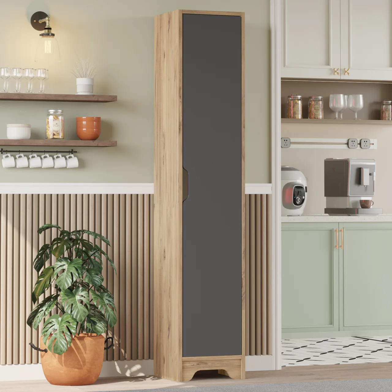 Yurupa Libra Armoire polyvalente 5 étagères avec portes moderne Cellier Meuble de cuisine Pin-Anthracite LIB3-AA