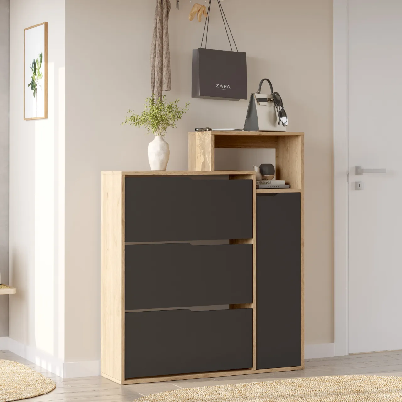 Yurupa İcon Meuble à chaussures à abattants avec étagères coulissantes 4 portes 7 compartiments Sepet-Anthracite ICO3-SA