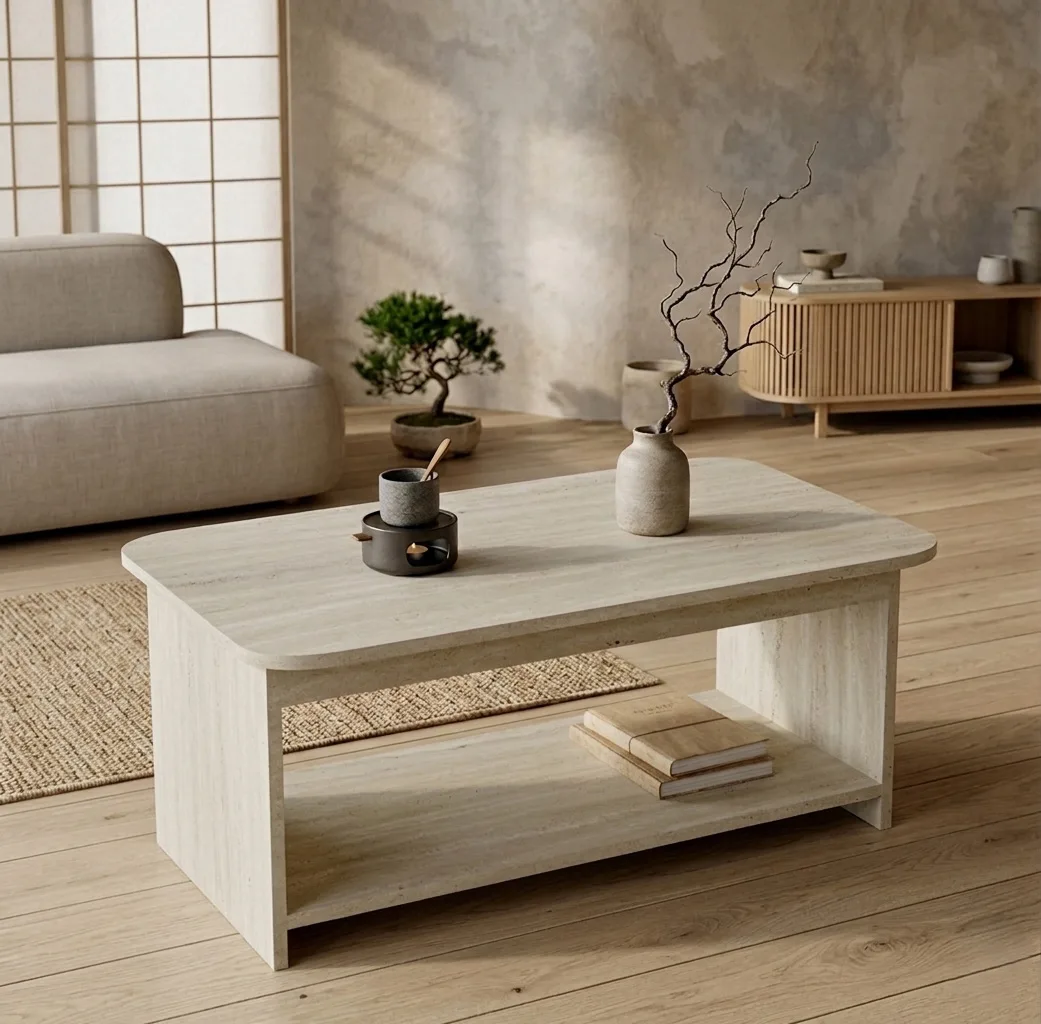 Yurupa Mobilya Chebo Table basse avec étagères Travertin CHB1-T