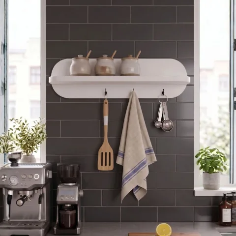 Novion Étagère murale de cuisine 60 cm avec 3 crochets Patara Blanc NOV1-W
