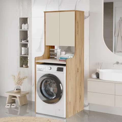 Yurupa Meuble haut pour machine à laver Valen Organisateur de salle de bain avec étagères et portes Armoire polyvalente Pin-Cachemire VAL2-AKA