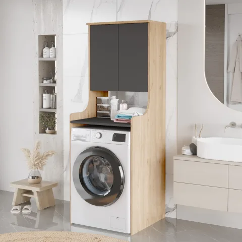 Yurupa Meuble haut pour machine à laver Valen Organisateur de salle de bain avec étagères et portes Armoire polyvalente Sepet-Anthracite VAL2-SA