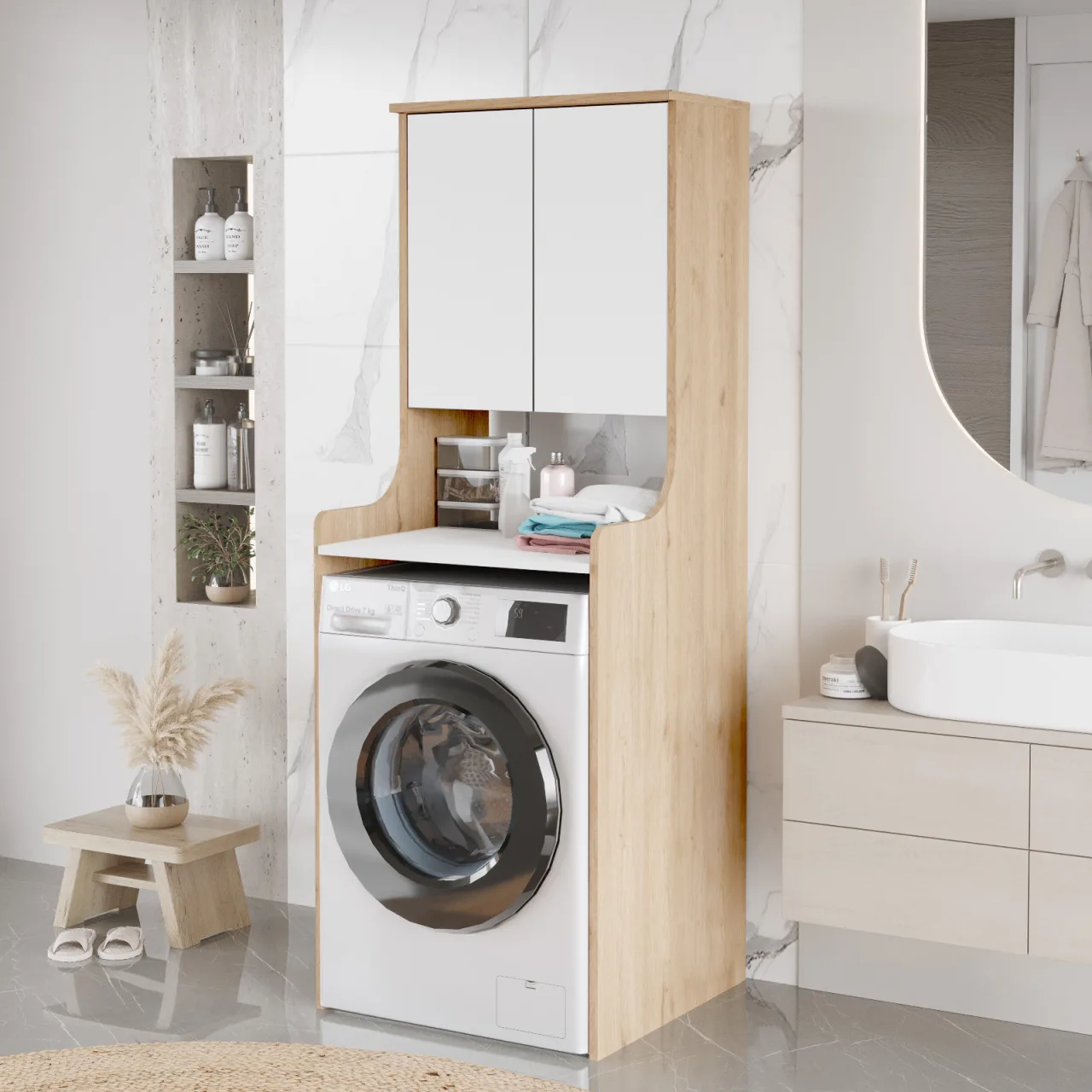 Yurupa Meuble haut pour machine à laver Valen Organisateur de salle de bain avec étagères et portes Armoire polyvalente Sepet-Blanc VAL2-SW
