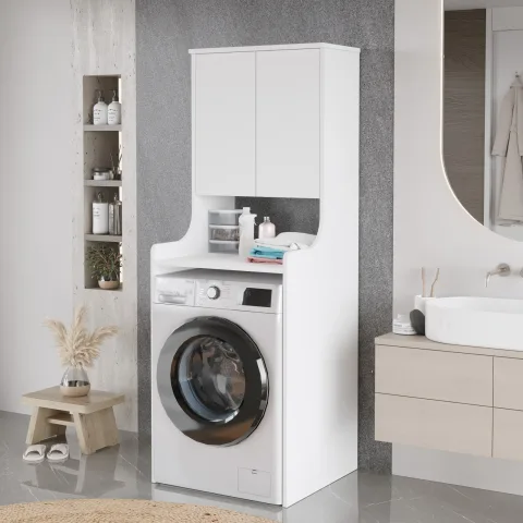 Yurupa Meuble haut pour machine à laver Valen Organisateur de salle de bain avec étagères et portes Armoire polyvalente Blanc VAL2-W