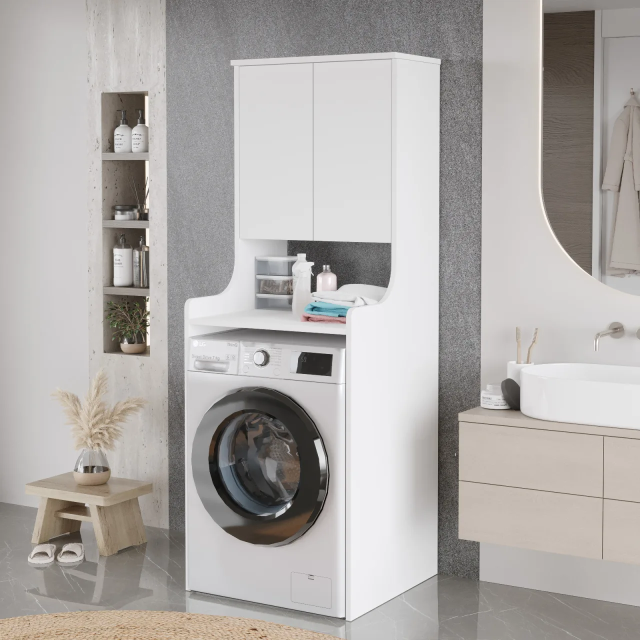 Yurupa Meuble haut pour machine à laver Valen Organisateur de salle de bain avec étagères et portes Armoire polyvalente Blanc VAL2-W