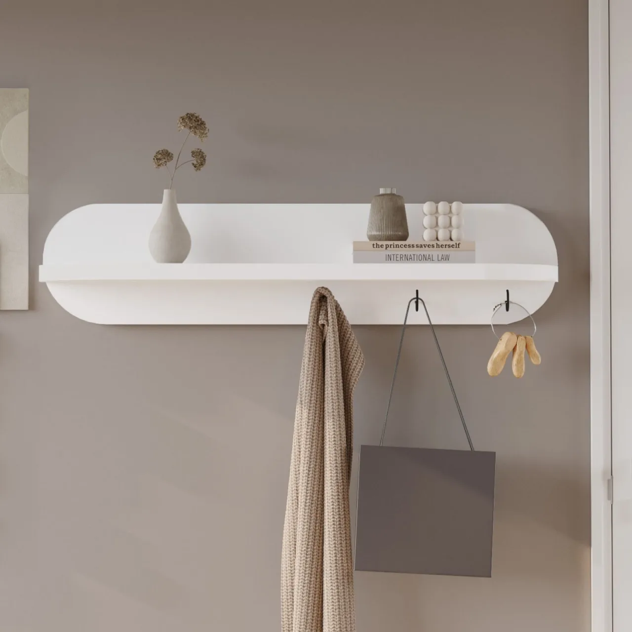 Novion Patère d'entrée ovale Étagère murale et porte-clés 60 cm Étagère de couloir moderne 3 crochets Blanc NOV2-W