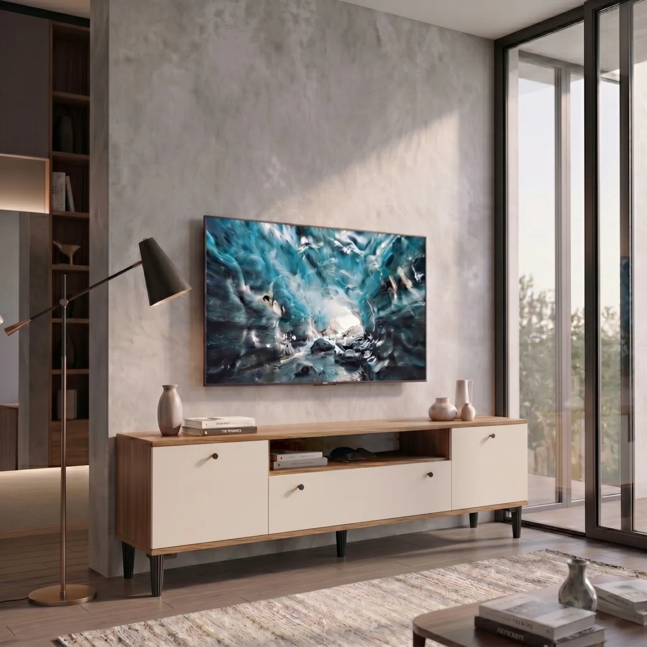 Yurupa Meuble TV 180 cm Meuble TV moderne Valaris avec portes sur pieds Noyer-Cachemire VIS1-CKA