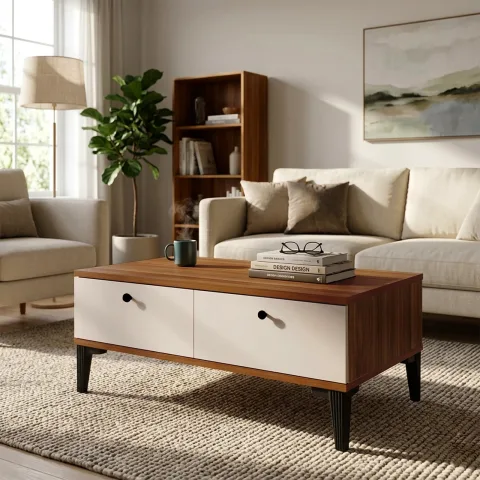 Yurupa Table basse 2 portes moderne Valaris Table de salon fonctionnelle sur pieds Noyer-Cachemire VIS2-CKA