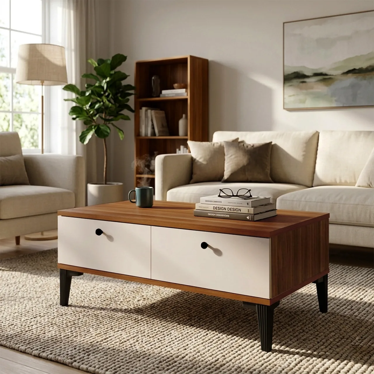 Yurupa Table basse 2 portes moderne Valaris Table de salon fonctionnelle sur pieds Noyer-Cachemire VIS2-CKA