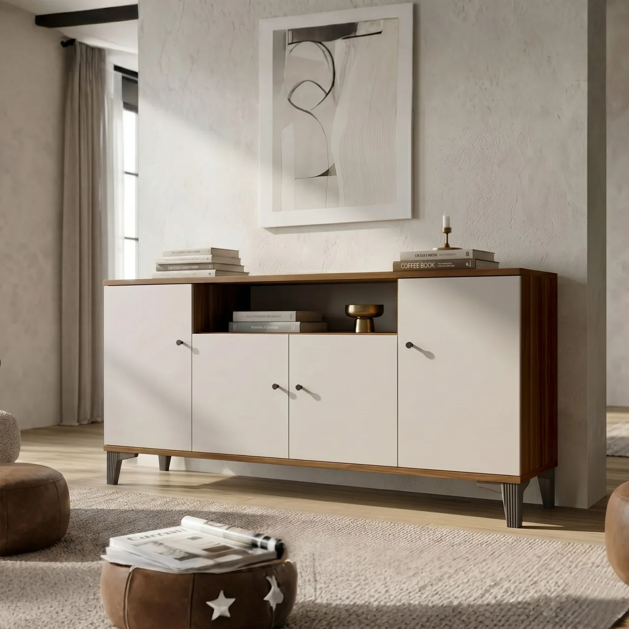 Yurupa Console moderne de salon Valaris avec portes sur pieds Noyer-Cachemire VIS3-CKA