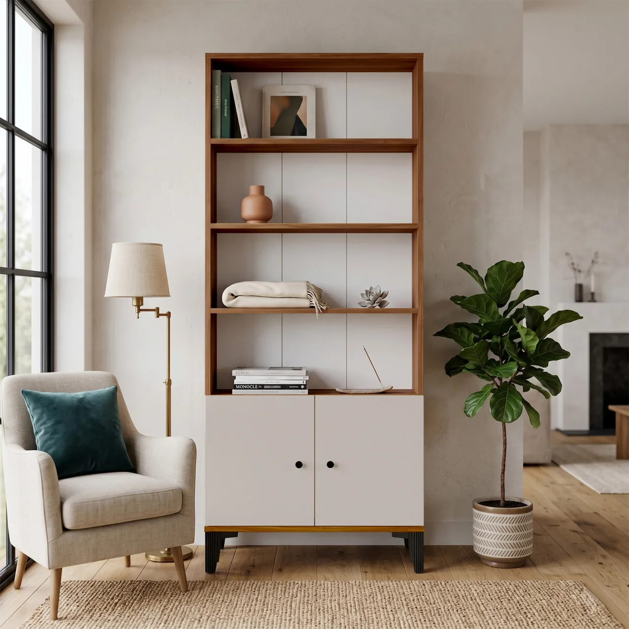 Yurupa Bibliothèque avec portes Valaris Armoire polyvalente sur pieds Noyer-Cachemire VIS4-CKA