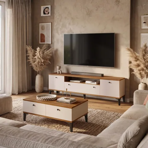 Yurupa Valaris Ensemble meuble TV et table basse moderne sur pieds Set de 2 Noyer-Cachemire VIS5-CKA