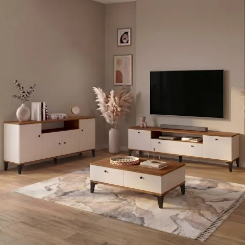 Yurupa Valaris Ensemble meuble TV, table basse et console moderne sur pieds Set de 3 Noyer-Cachemire VIS6-CKA