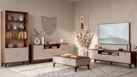 Yurupa Valaris Ensemble meuble TV, table basse, console et bibliothèque moderne sur pieds Set de 4 Noyer-Cachemire VIS7-CKA
