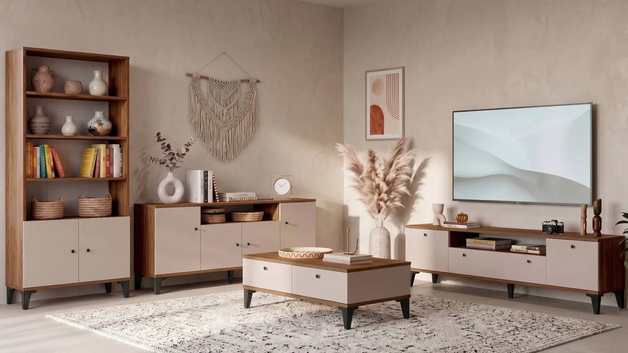 Yurupa Valaris Ensemble meuble TV, table basse, console et bibliothèque moderne sur pieds Set de 4 Noyer-Cachemire VIS7-CKA