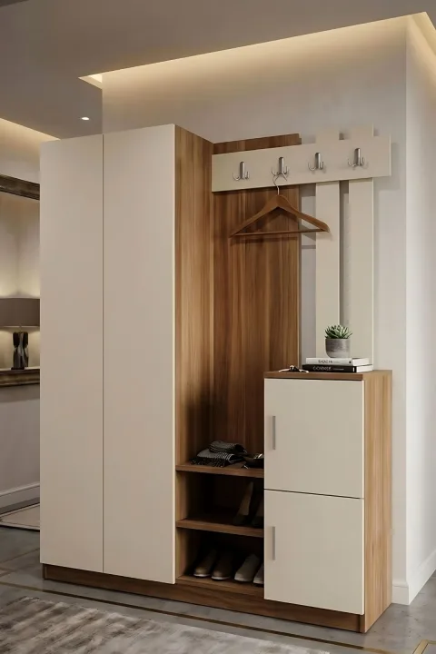 Jovada Vestiaire Portemanteau et meuble à chaussures Armoire d'entrée polyvalente Noyer-Cachemire JVD8-CKA