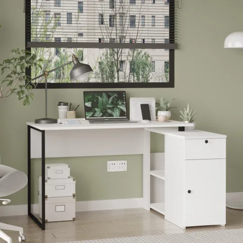 Yurupa Nora L Bureau d'angle Bureau d'ordinateur avec tiroirs, armoire et bibliothèque Blanc NOR1-W