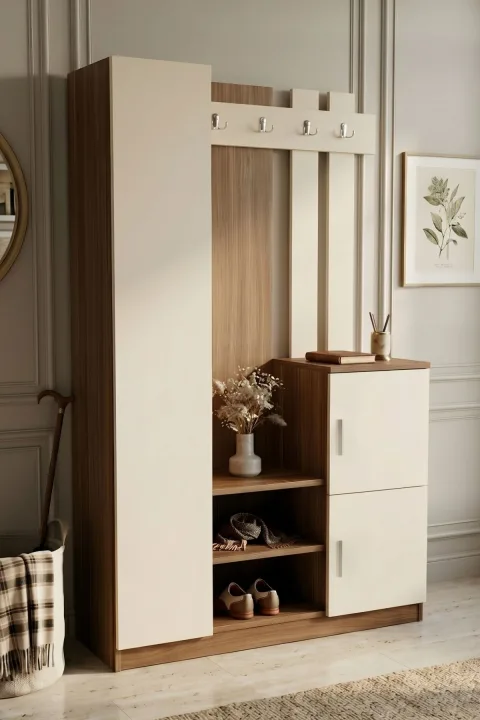 Yurupa Jovada Vestiaire Portemanteau et meuble à chaussures Armoire d'entrée polyvalente Noyer-Cachemire JVD7-CKA
