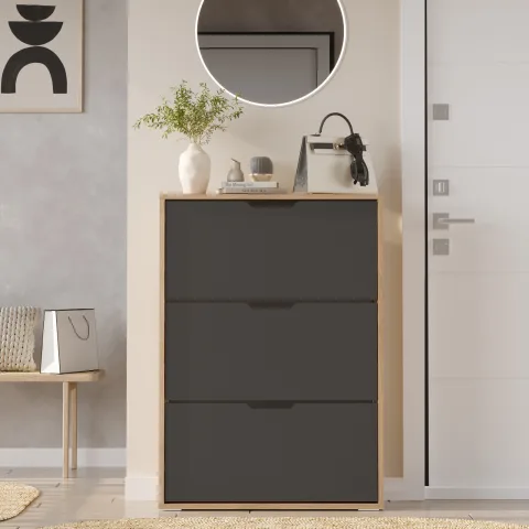 Yurupa İcon Meuble à chaussures 3 portes Meuble à chaussures à abattants Organisateur de portemanteau d'entrée Sepet-Anthracite ICO4-SA