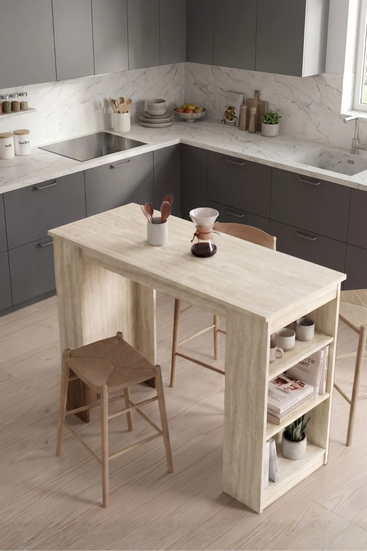 Harwick Table de bar 120cm Table de cuisine Travertin HAR1-T