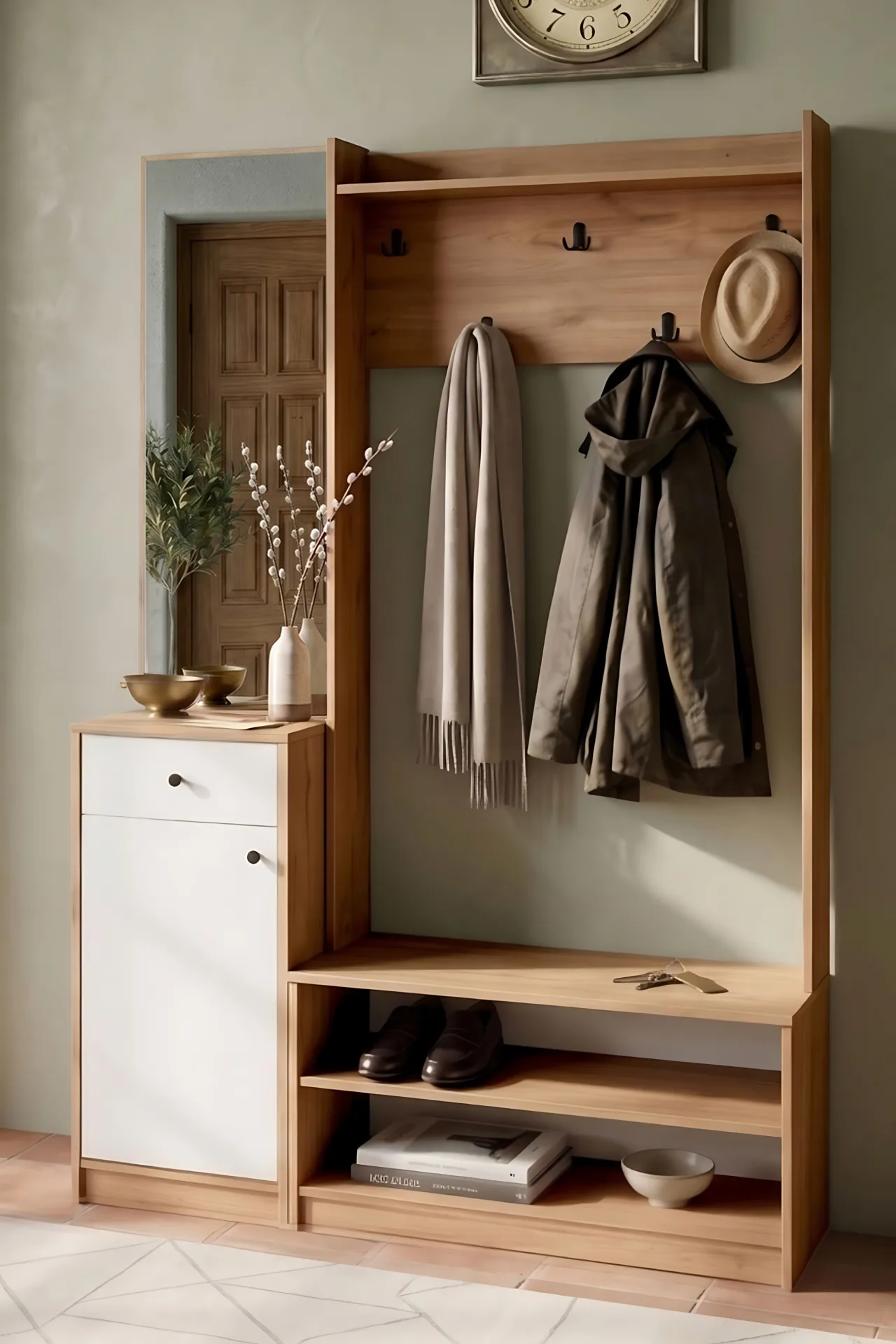 Yurupa Holden Portemanteau Vestiaire avec miroir Armoire à chaussures avec portes, tiroirs et miroir Sepet-Blanc HOL1-SW