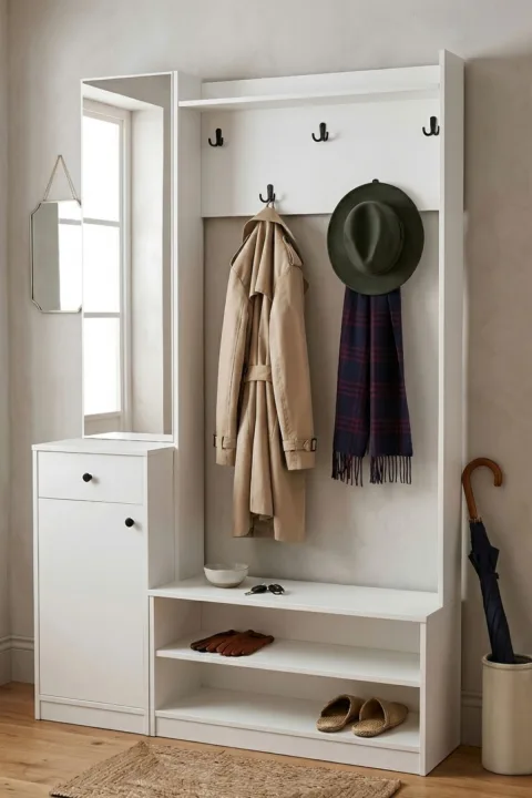 Yurupa Holden Portemanteau Vestiaire avec miroir Armoire à chaussures avec portes, tiroirs et miroir Blanc HOL1-W
