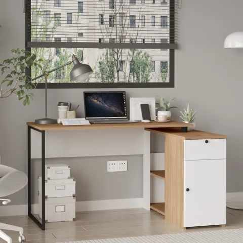 Yurupa Nora L Bureau d'angle Bureau d'ordinateur avec tiroirs, armoire et bibliothèque Sepet-Blanc NOR1-SW
