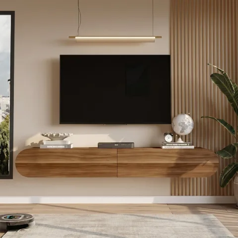 Yurupa Lumos Meuble TV ovale 180 cm avec portes Meuble TV mural moderne Noyer LUM1-CE