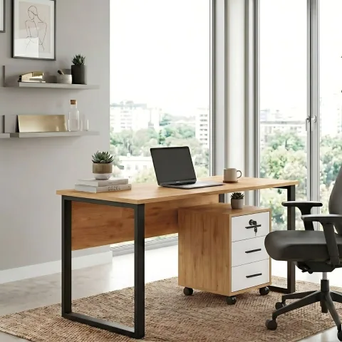 Yurupa Dante Bureau avec pieds en métal 3 tiroirs avec serrure et caisson à roulettes DAN7-SW