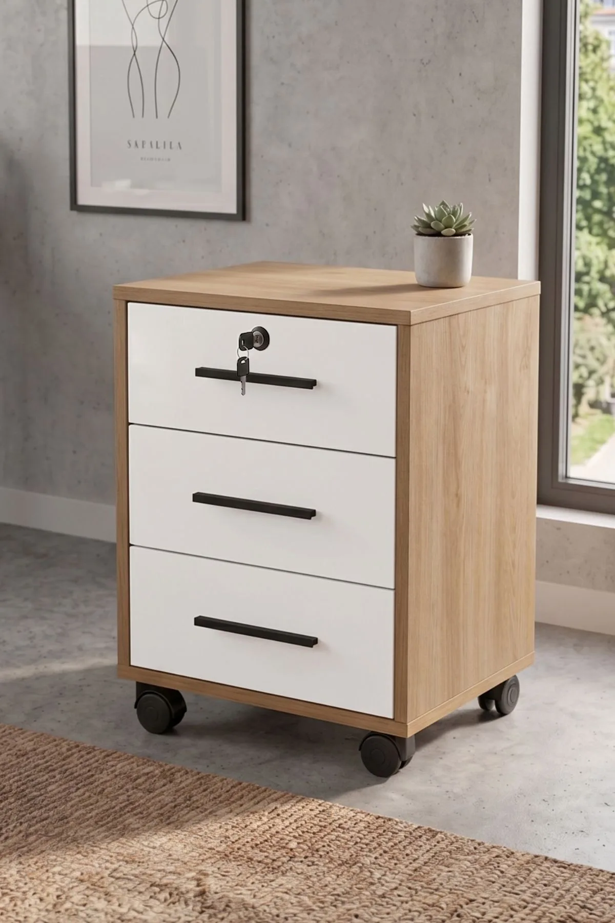 Yurupa Dante Série Caisson à roulettes 3 tiroirs avec serrure pour bureau Sepet Blanc DAN2-SW